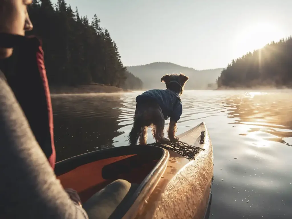 Person paddling in a canoe with their dog at the front